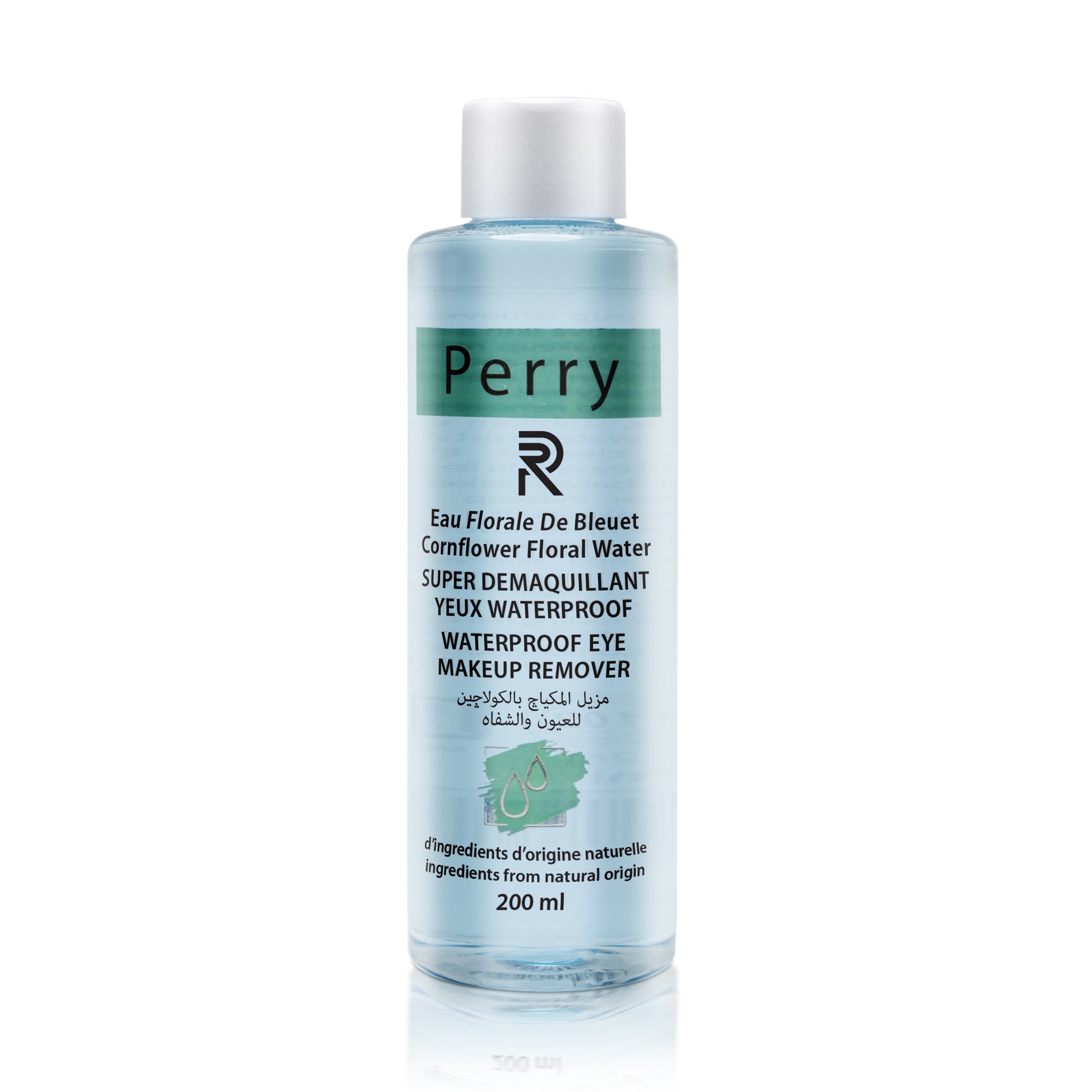 Makeup remover bottle with 'Perry' branding on a white background